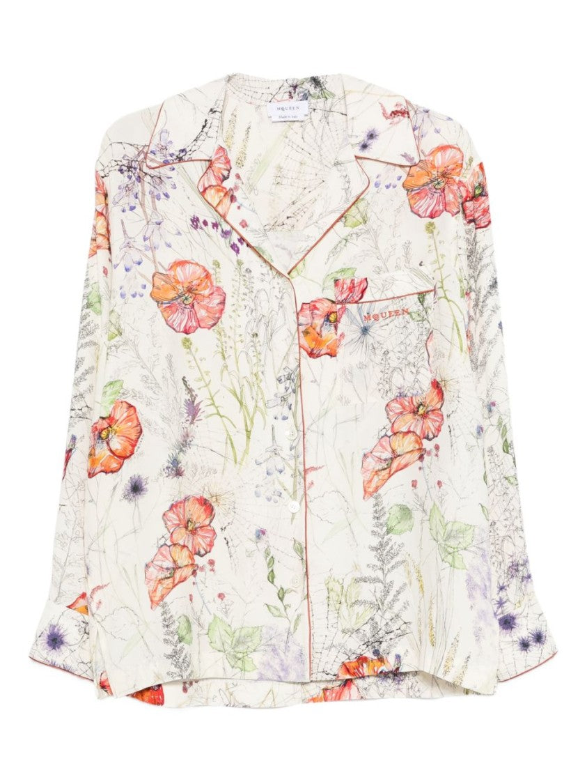 Alexander Mcqueen Ivory Floral Print Shirt With Classic Collar