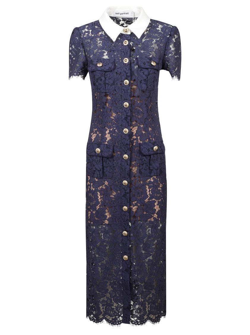 Self-Portrait Fitted Blue Midi Dress With Intricate Lace Design