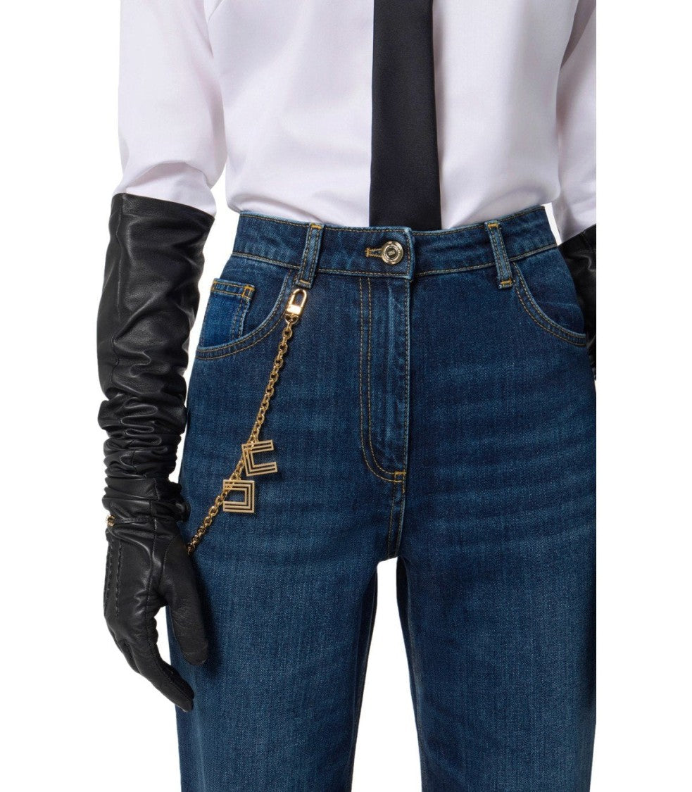 Elisabetta Franchi Capri Blue Denim Jeans With Removable Gold Chain