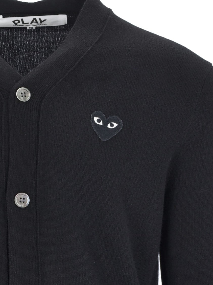 Comme Des Garçons V-Neck Logo Patch Black Wool Cardigan