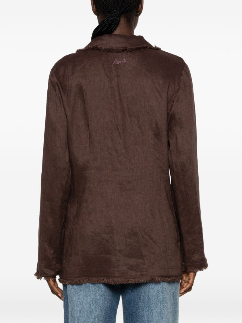 Parosh Brown Textured Linen Notched Collar Relaxed-Fit Blazer