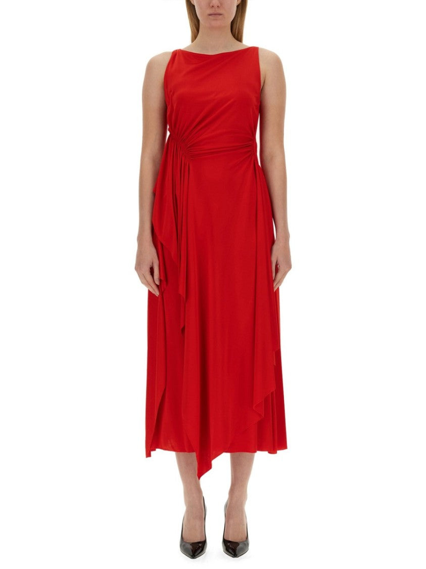 Lanvin Draped Red Midi Dress With Flattering Silhouette