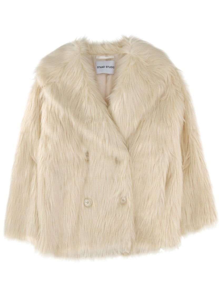 Stand Studio White Double-Breasted Faux Fur Jacket