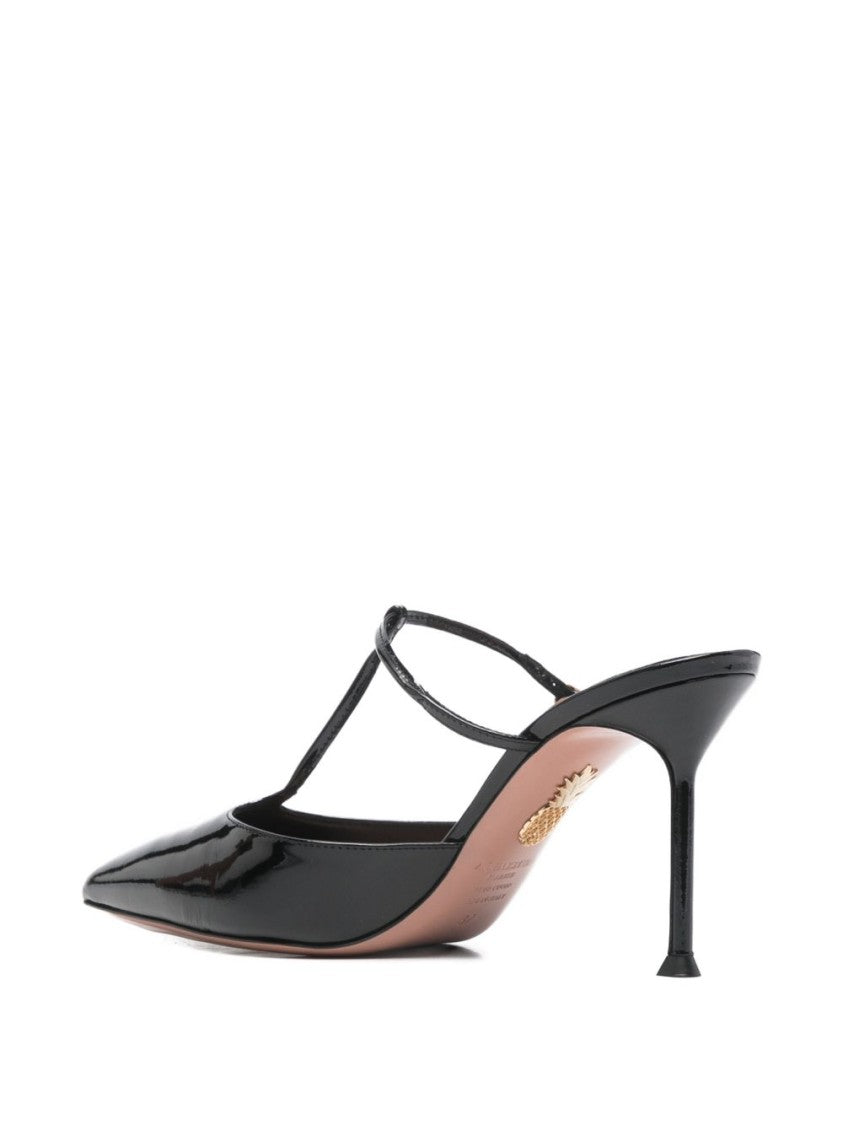 Aquazzura Black T-Strap Pointed Toe Buckle Sandals
