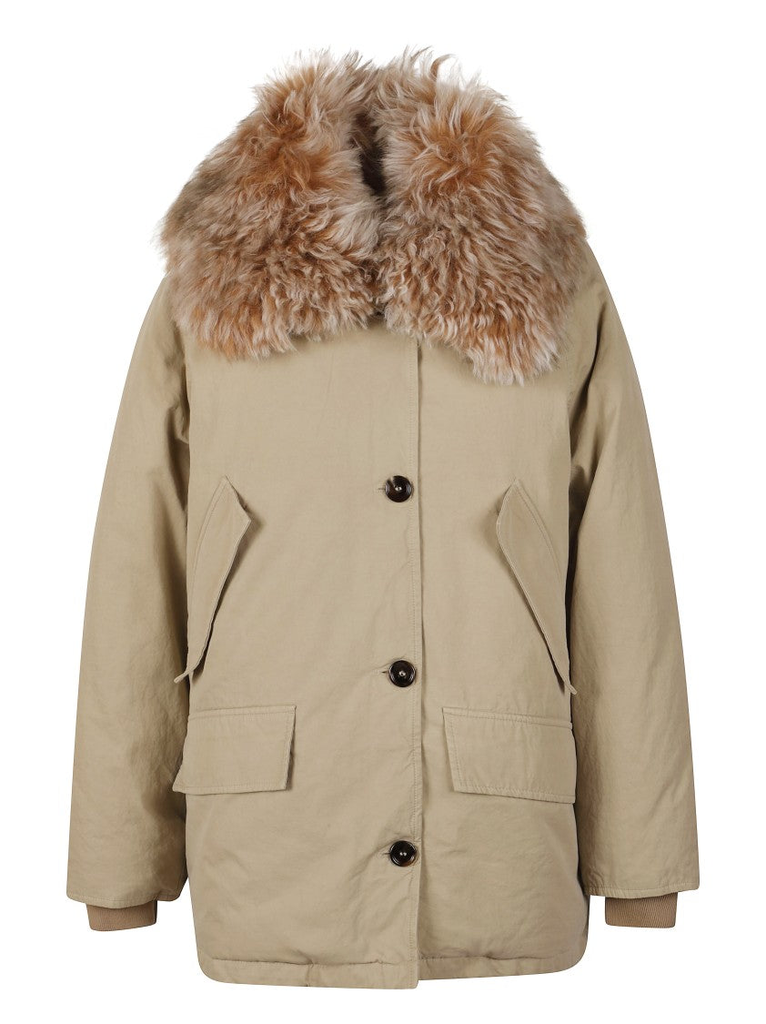 Prada Short Beige Coat With Plush Fur Collar