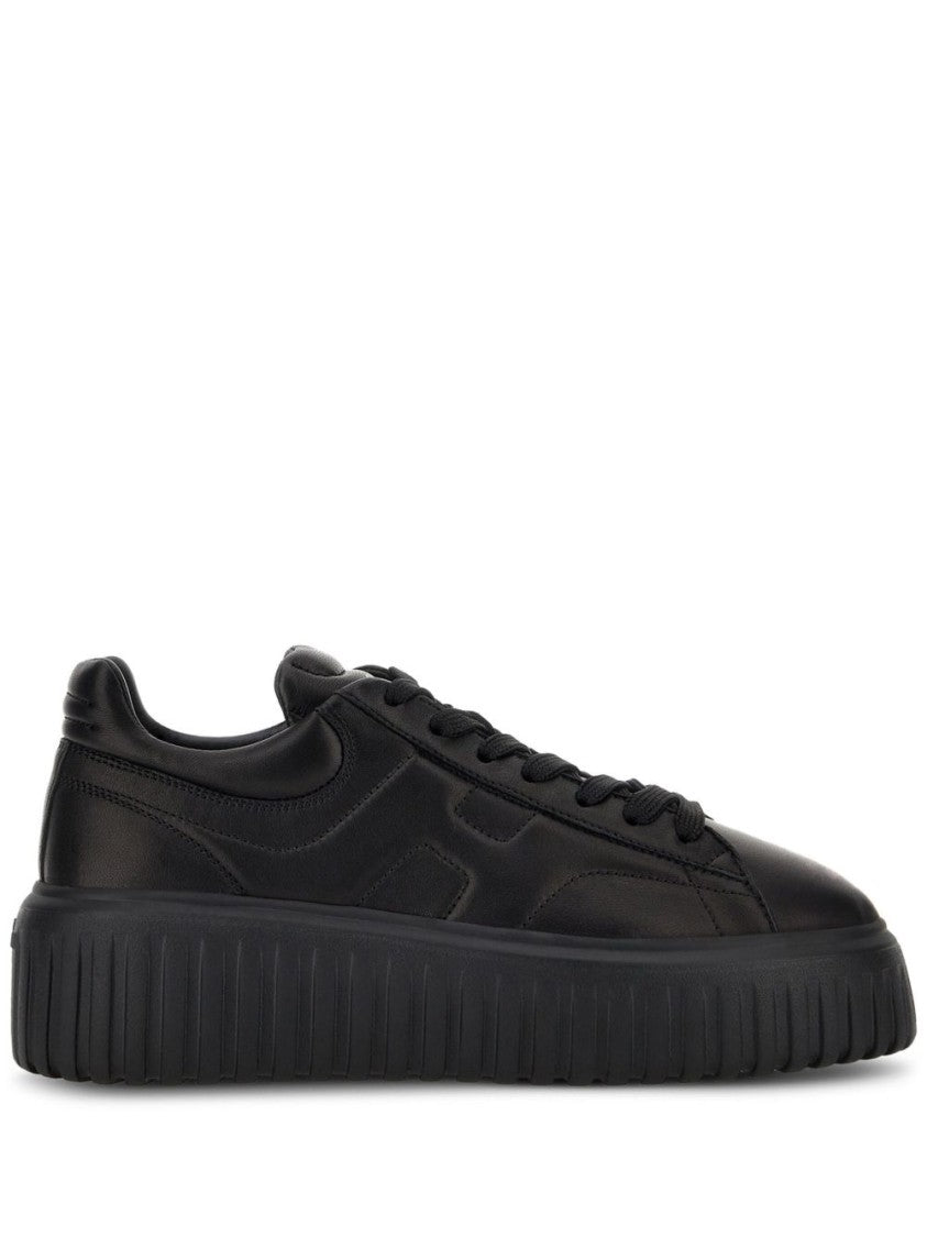 Hogan Minimalist Black Leather Sneakers With Thick Platform Sole