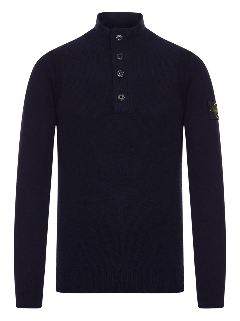 Stone Island High Collar Midnight Blue Wool Blend Sweater
