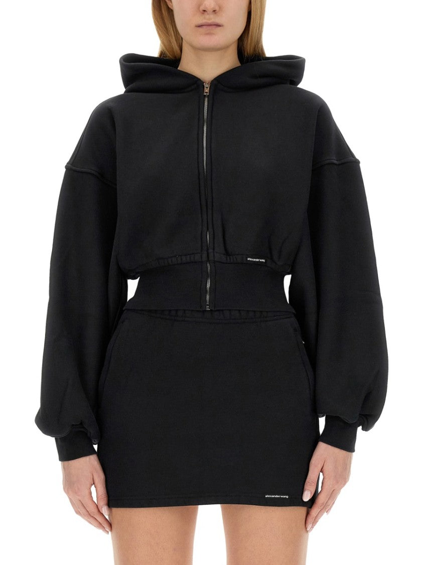 T By Alexander Wang Cropped Black Hoodie With Oversized Sleeves