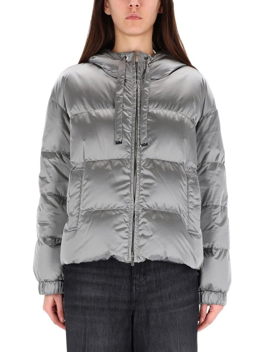 Max Mara Silver Anti-Drip Satin Quilt With Hood And Zipper Closure