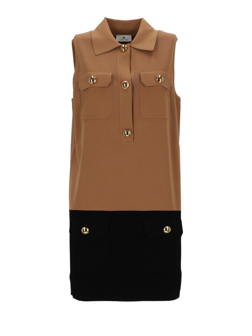 Elisabetta Franchi Sleeveless Two-Tone Knit Dress With Flap Pockets And Gold Accents