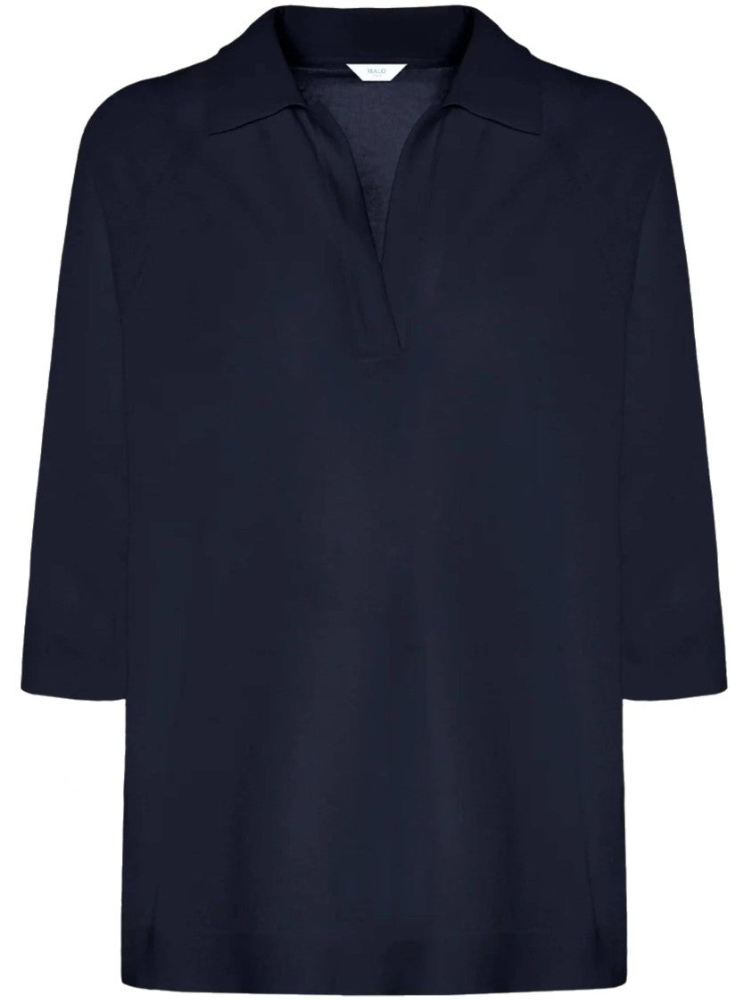 Malo Blue V-Neck Cotton Polo Shirt