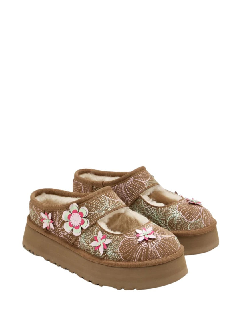 Ugg Brown 3D Floral Embroidery Suede Flats