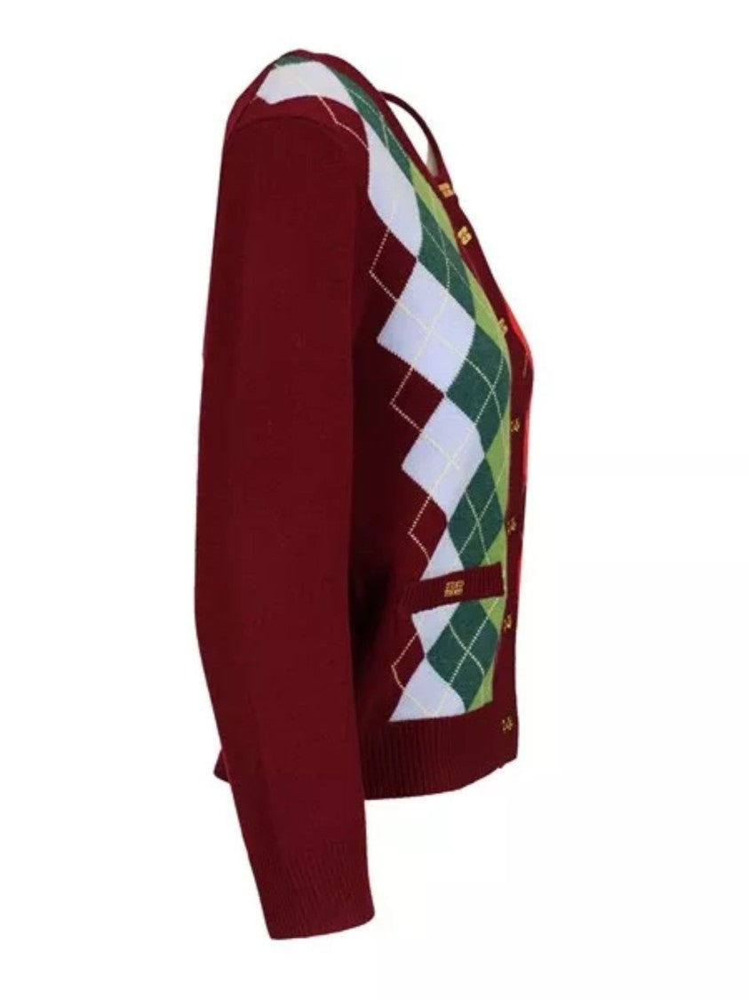 Ganni Burgundy And Multicolor Diamond Knit Cardigan