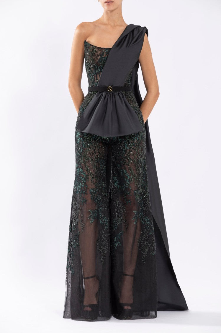 Saiid Kobeisy Tulle Jumpsuit With Beading And Taffeta Tail