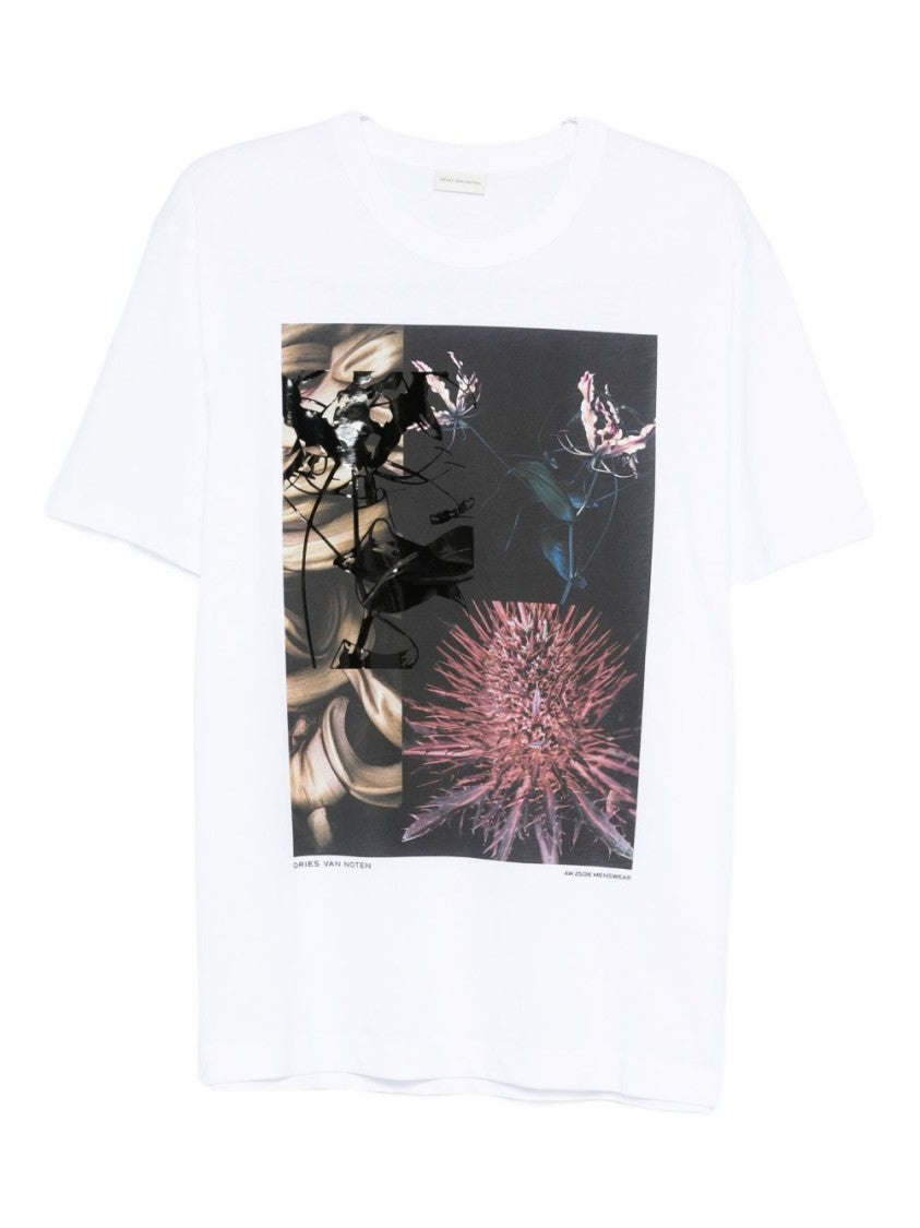 Dries Van Noten White Floral Print Cotton Crew Neck T-Shirt