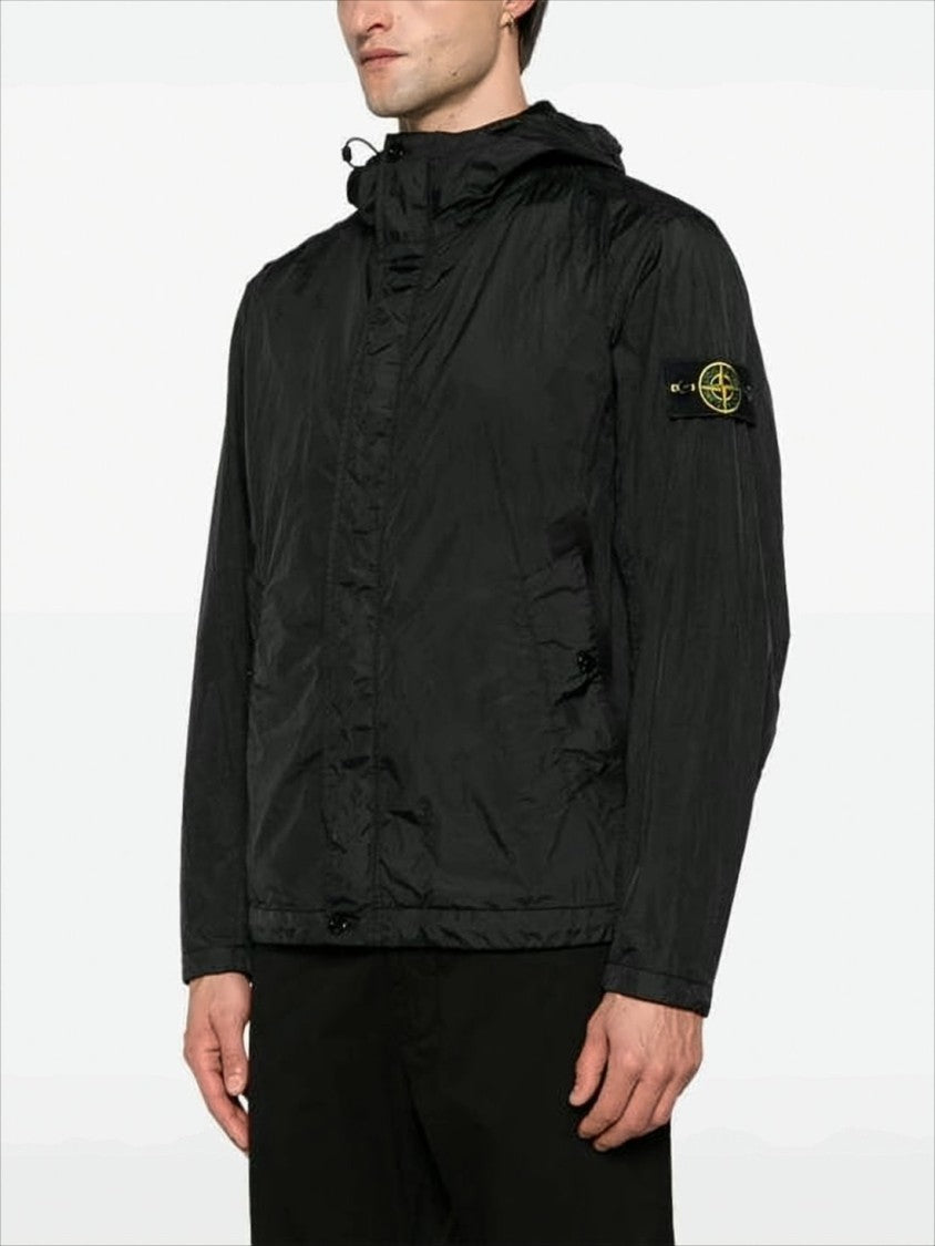 Stone Island Minimalist Black Hooded Jacket With Distinctive Patch