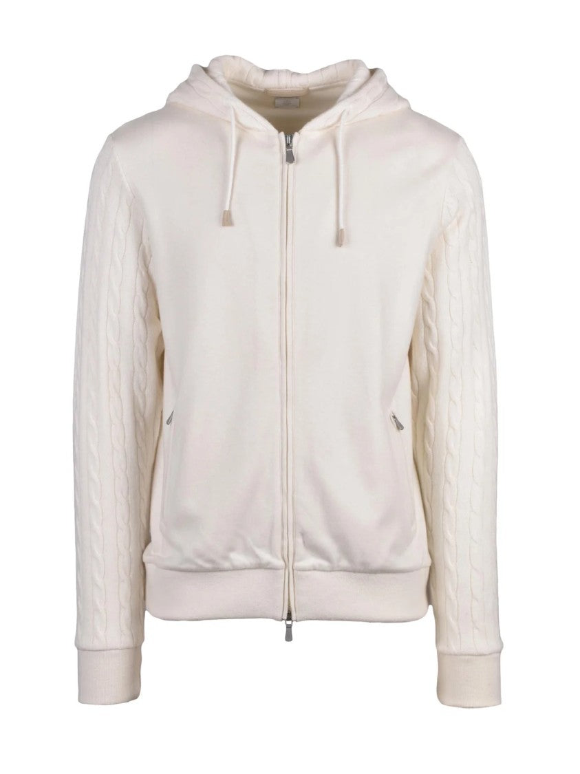Eleventy White Cable-Knit Sleeves Wool-Cashmere Zip Sweatshirt