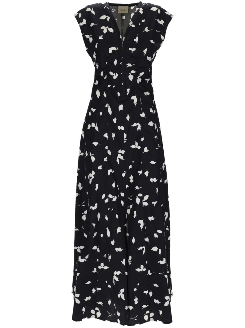 Alysi Black Leaf Print Short Ruffled Dress