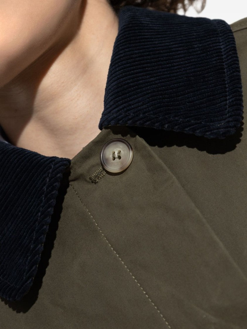 A.P.C. Cropped Olive Green Coat With Corduroy Collar