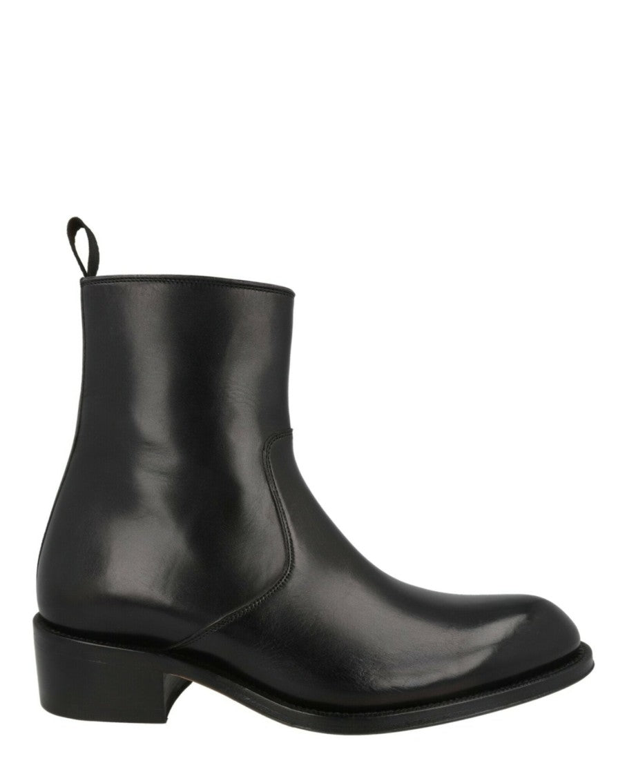 Brioni Vitello Roma Mid-Calf Leather Boots With Stacked Heel And Gunmetal Accents