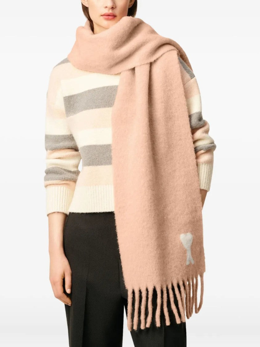 Ami Fringed Rectangular Scarf In Soft Powder Pink With Jacquard Detail