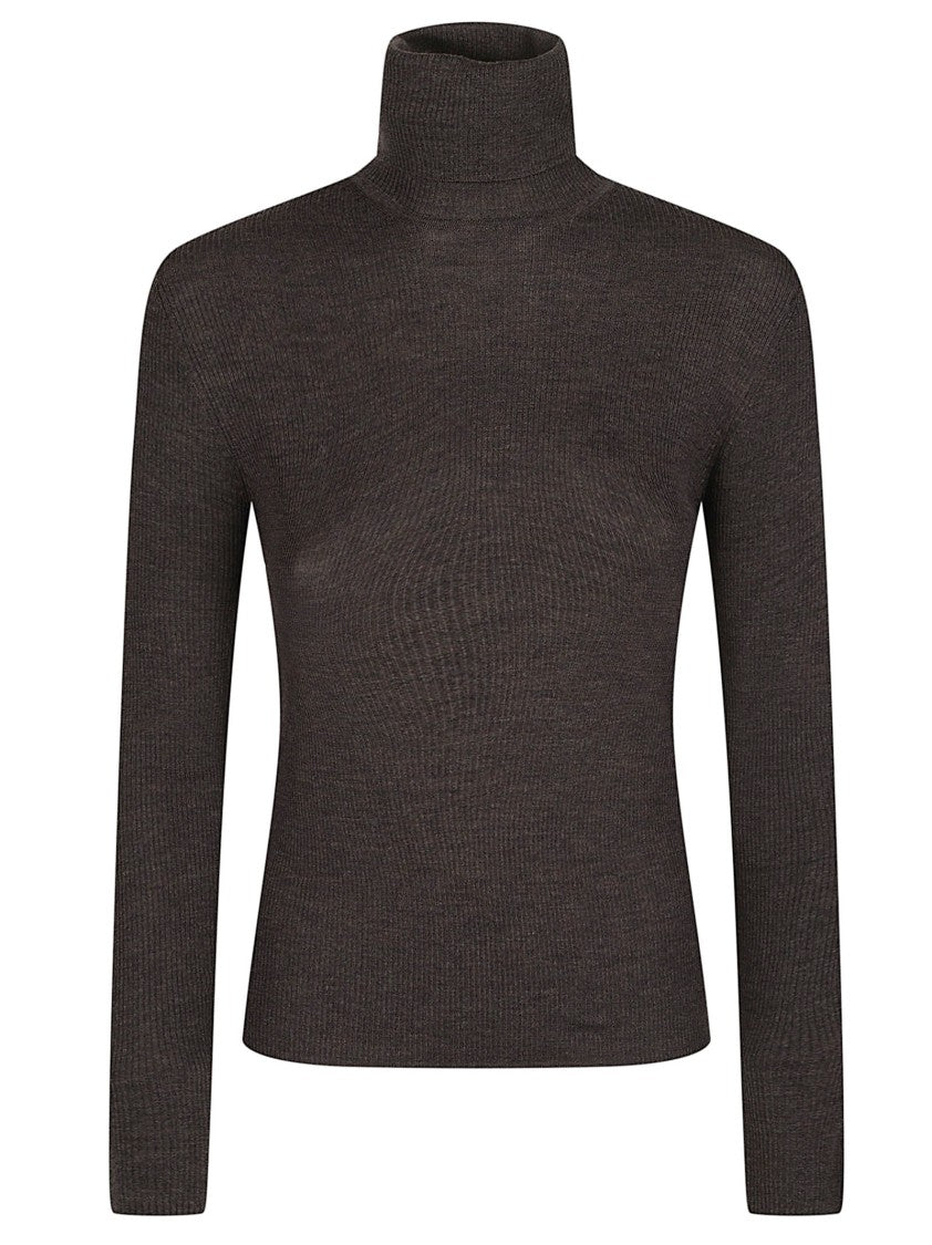 P.A.R.O.S.H. Brown Long Turtle Neck Fitted Wool Turtleneck
