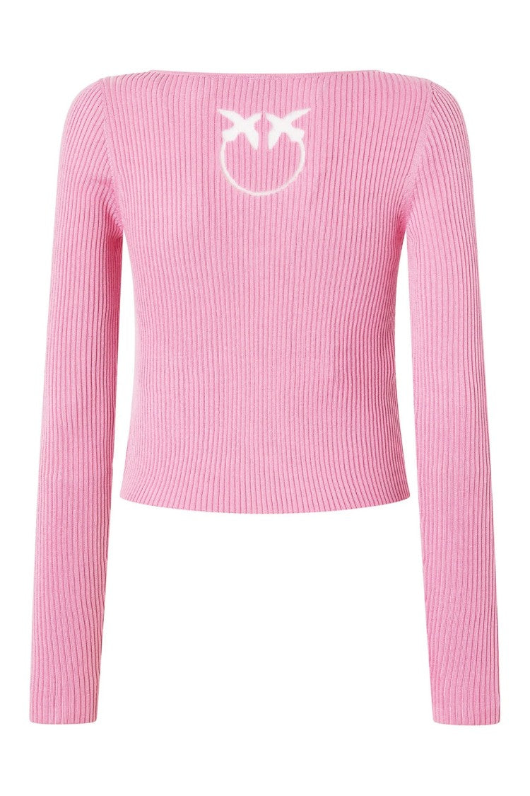 Pinko Pink Scooped Neckline Embroidered Love Birds Silk-Blend Cardigan