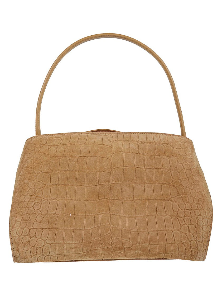 Ferragamo Crocodile-Print Suede Handbag With Gold-Tone Accents