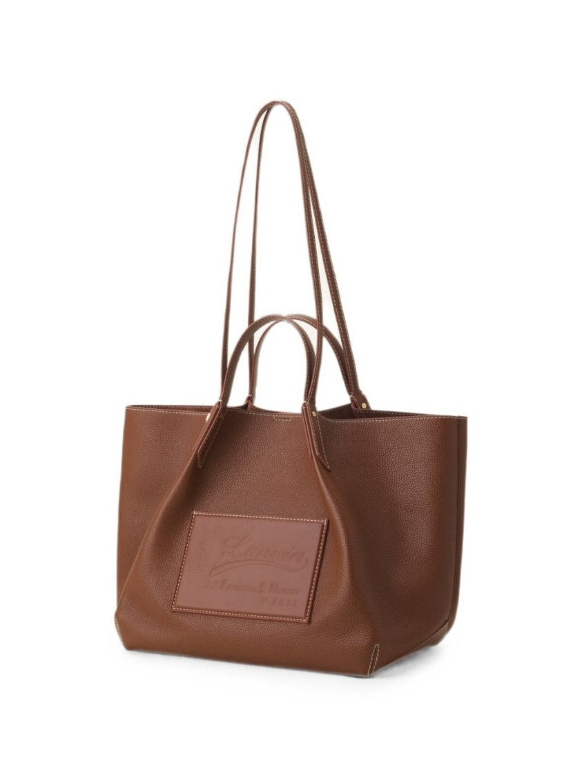 Lanvin Textured Brown Leather Tote Bag With Embossed Branding