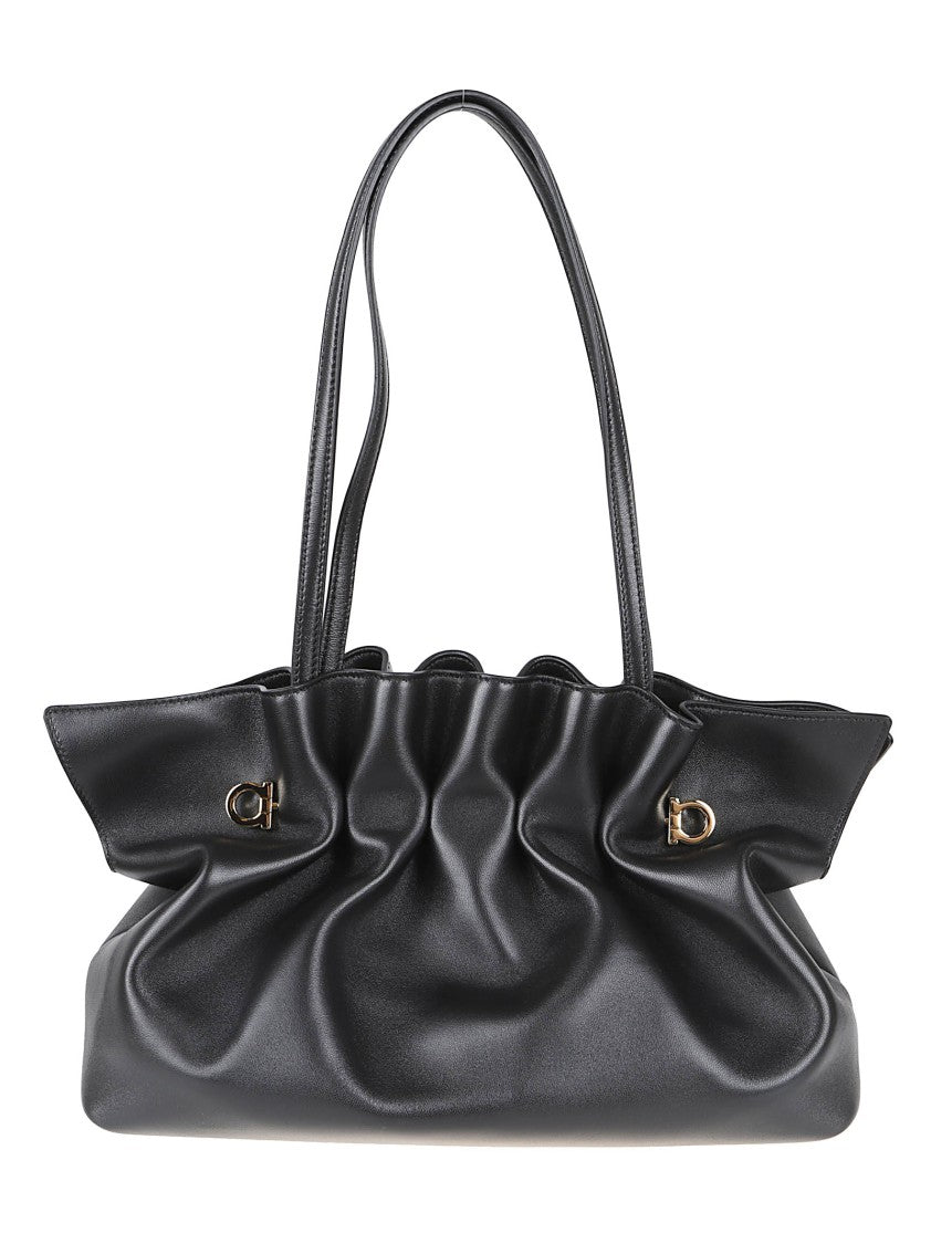 Ferragamo Ruched Black Handbag In Soft Lamb Leather