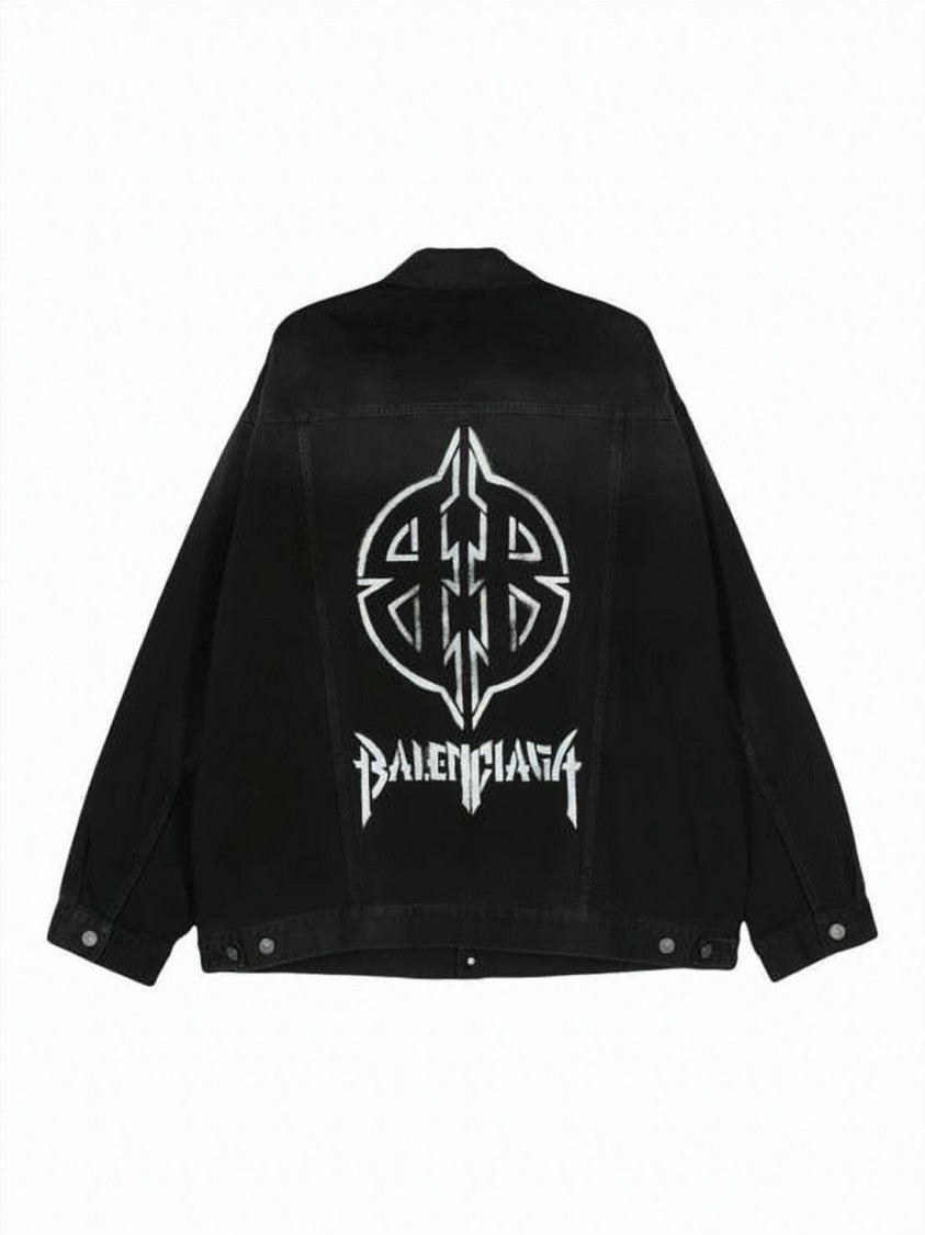 Balenciaga Classic Button-Up Black Denim Jacket With Graphic Design