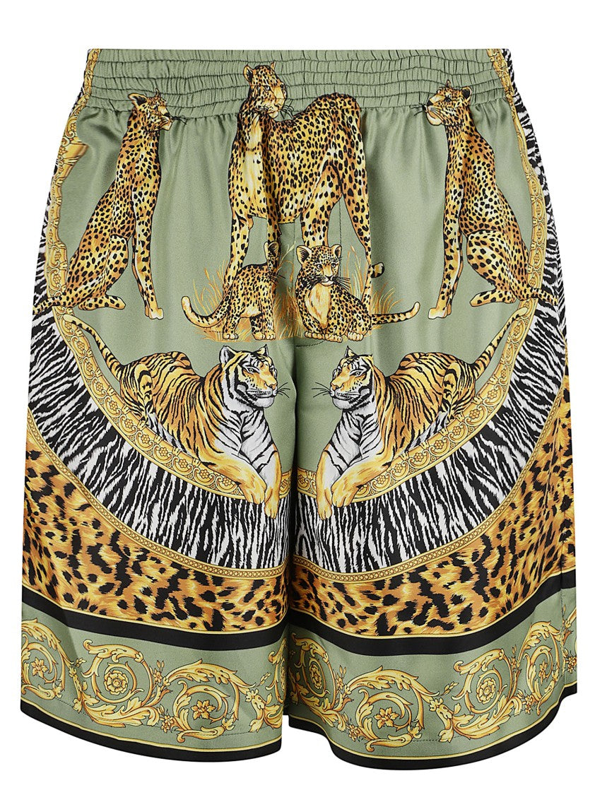 Versace Olive Green Silk Animal Print Short