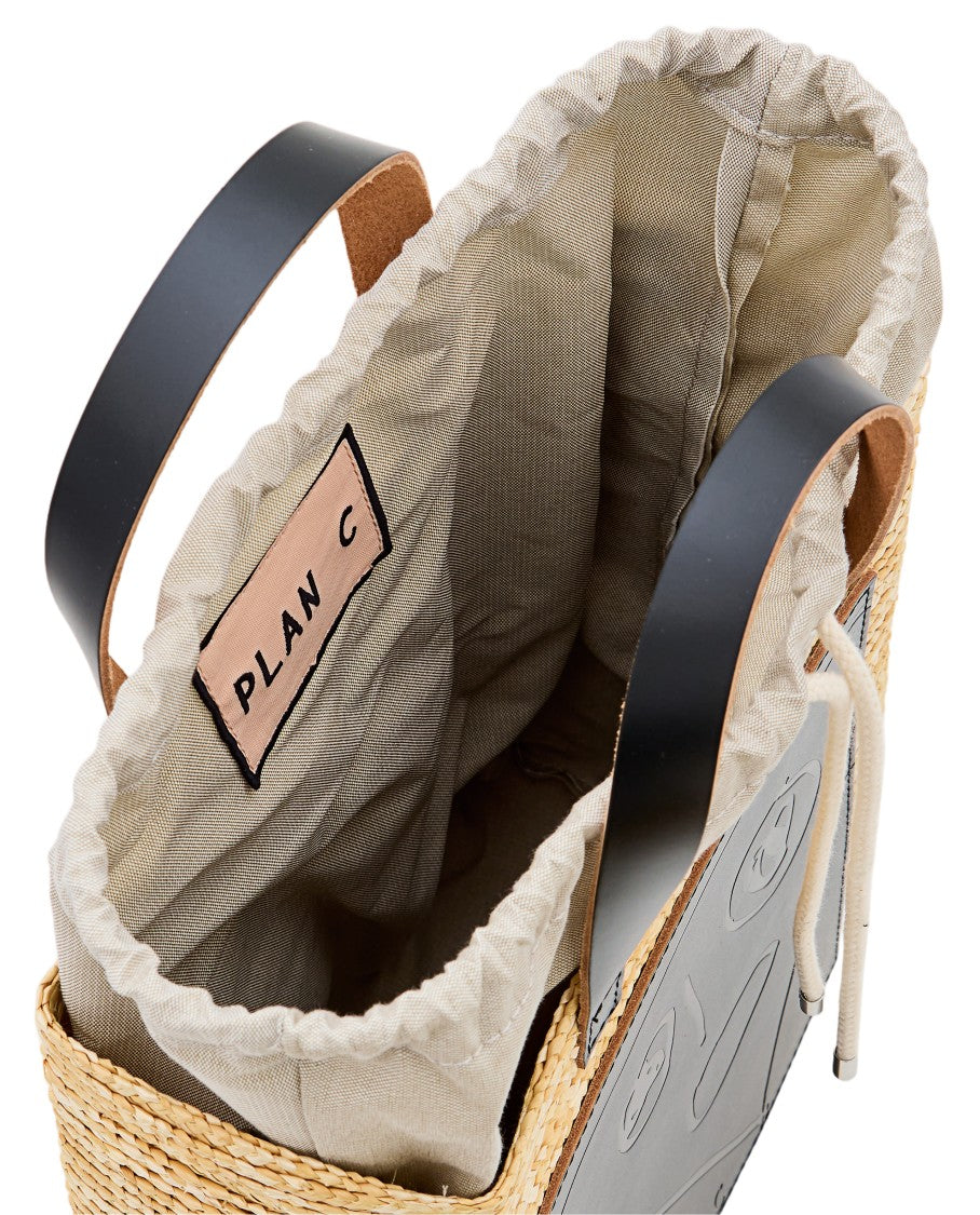 Plan C Woven Straw Medium Shopper Bag With Adjustable Strap And Abstract Design