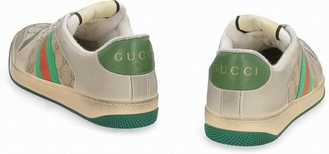 Gucci Low-Top Beige Leather Sneakers With Gg Monogram And Web Stripes