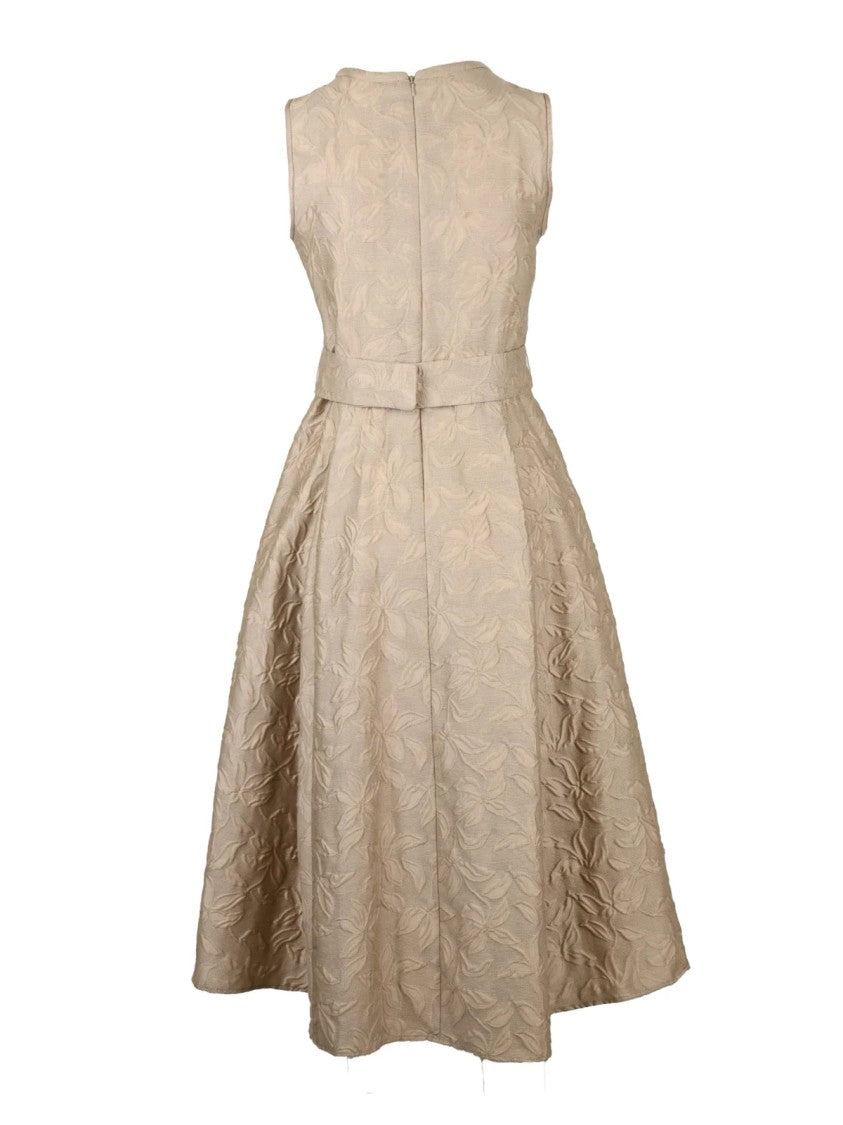 Max Mara Damask Midi Dress With Embellished Belt And Practical Pockets