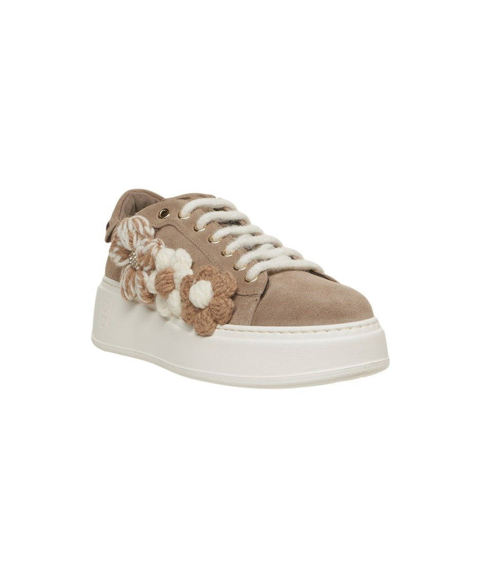 Gio+ Suede Sneakers With Floral Appliqués And Strass Accents