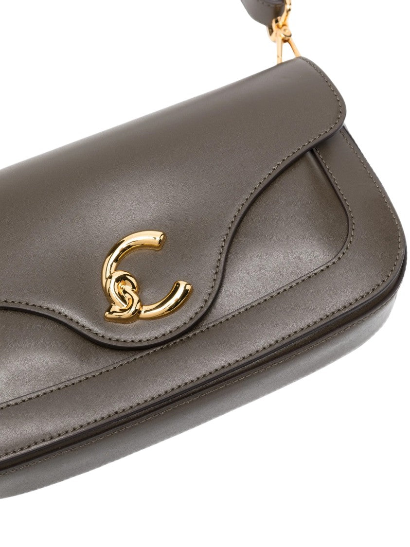 Coccinelle Rectangular Grey Leather Shoulder Bag With Gold-Tone Logo Plaque