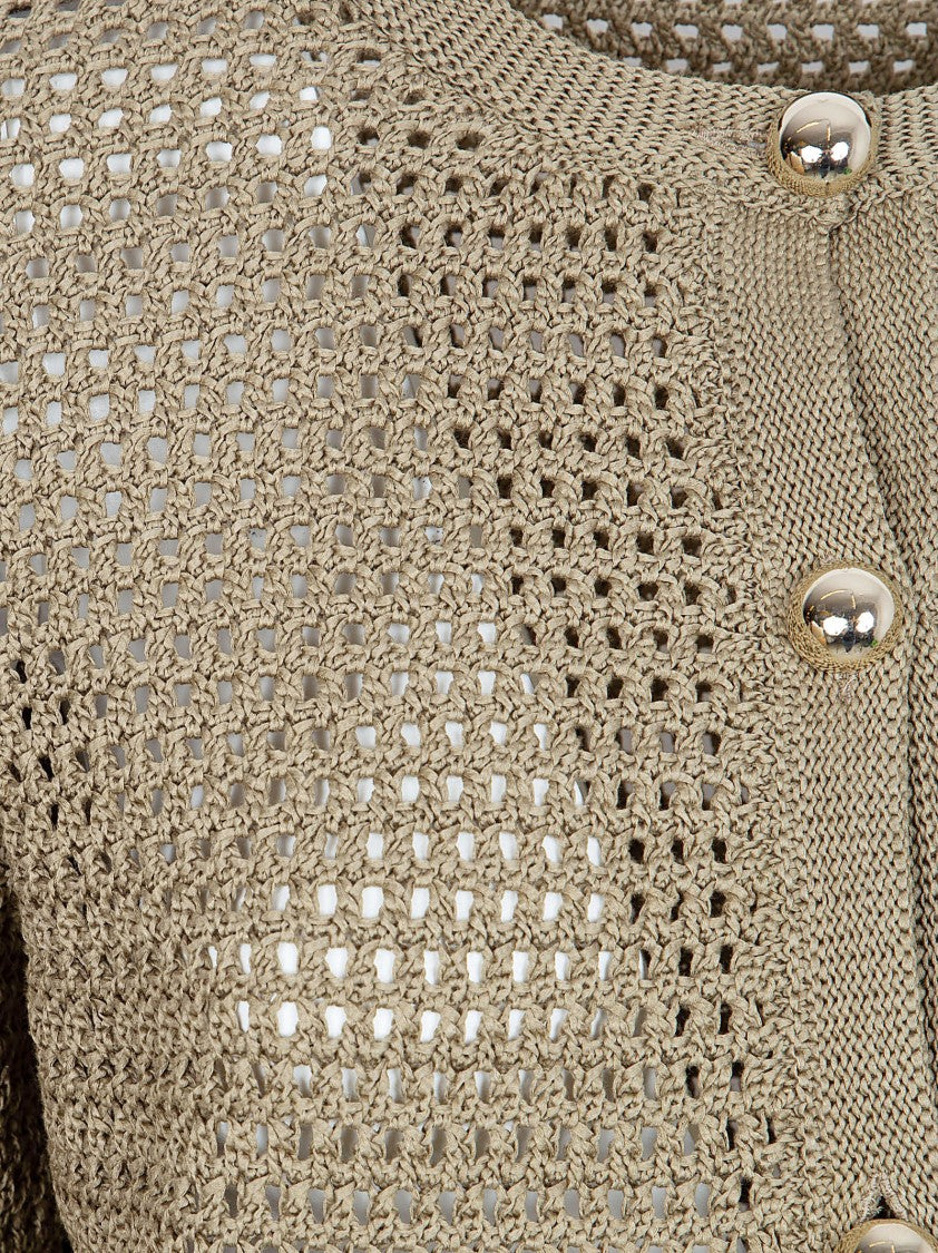 Fabiana Filippi Brown Open-Knit Cardigan With Button-Down Front And Patch Pockets