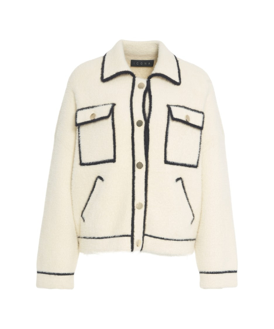 Kaos Boxy White Knit Cardigan With Contrasting Piping