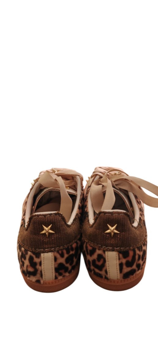 Adidas Beige Leopard Print Sneakers With Satin Ribbons