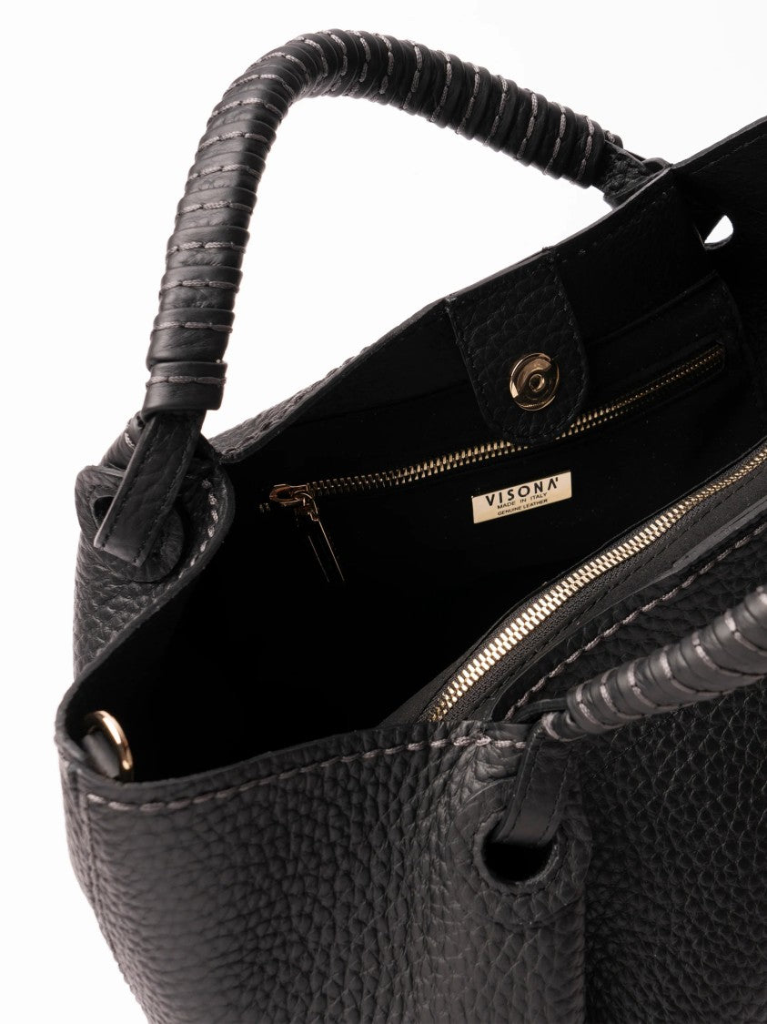 Visona` Black Pebbled Texture Handbag With Wrapped Handle