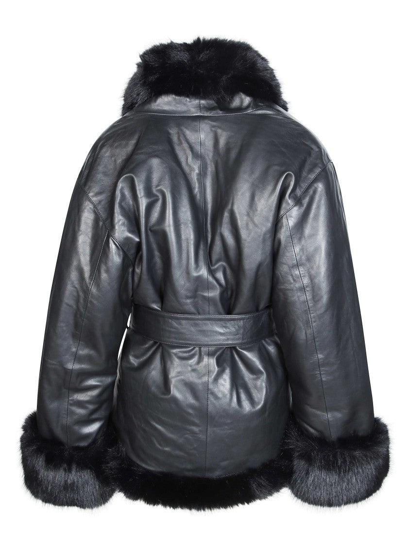 Rotate Belton Short Plush Fur Trim Glossy Leather Jacket