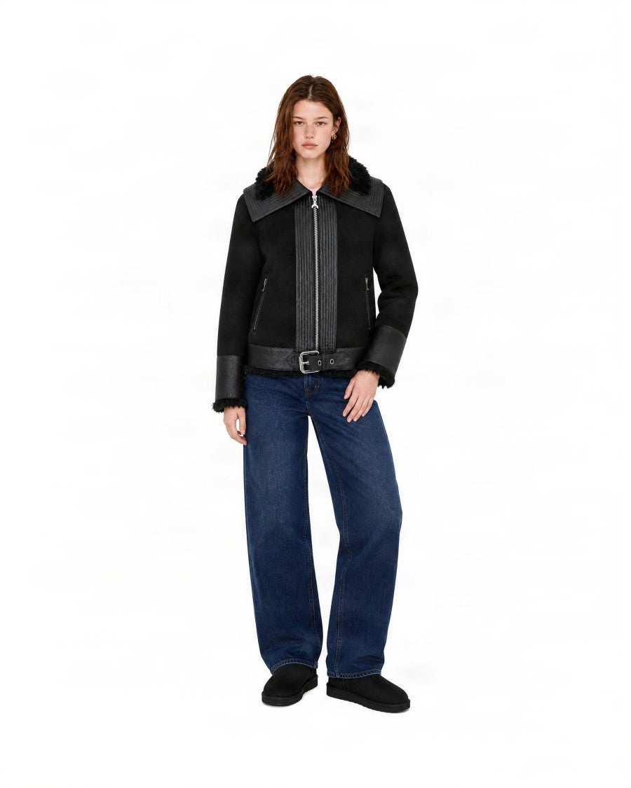 Patrizia Pepe Black Leather-Effect Plush Fur Collar Jacket