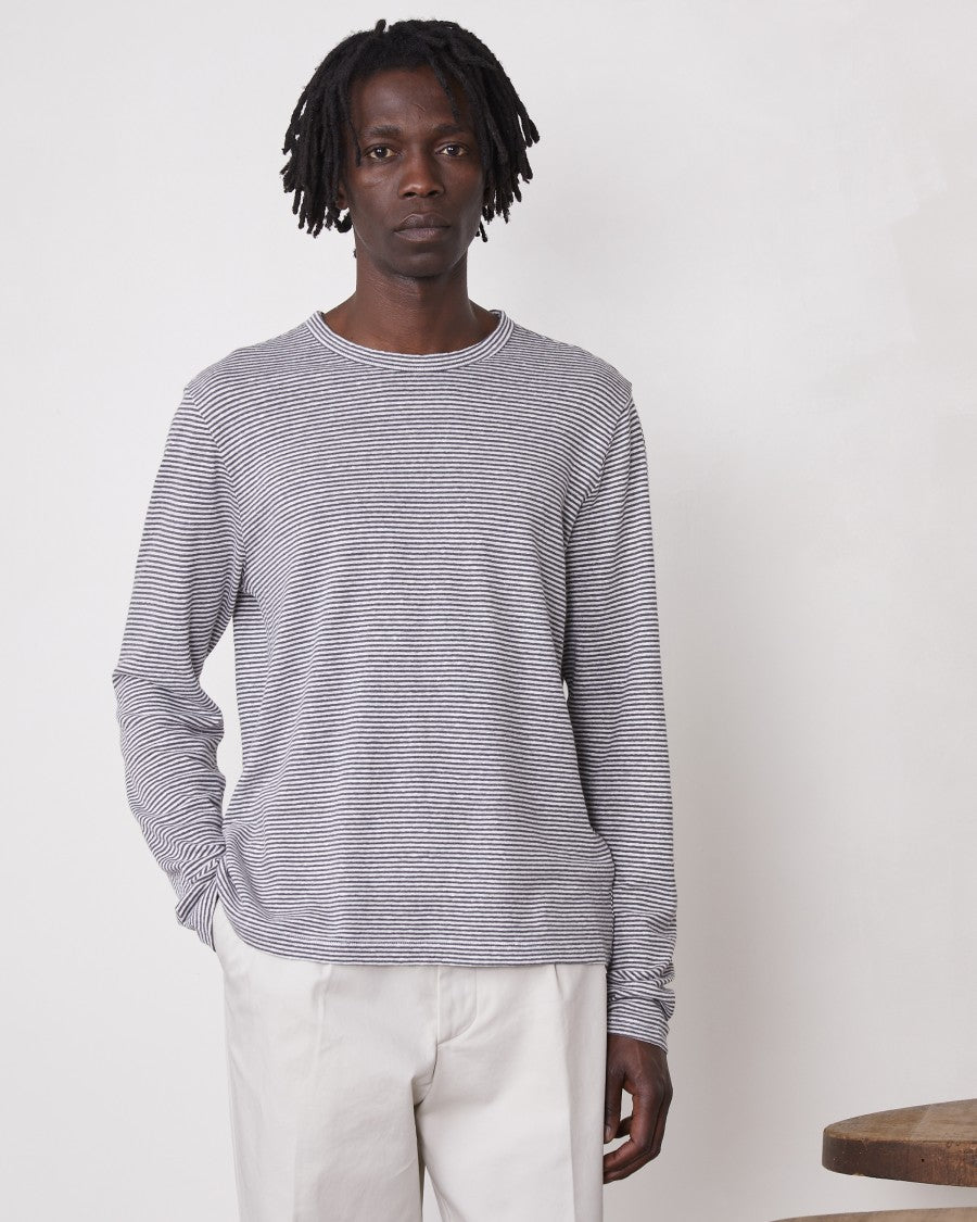 Officine Generale Yarn-Dyed Long-Sleeve Crewneck Tee With Self-Fabric Collar