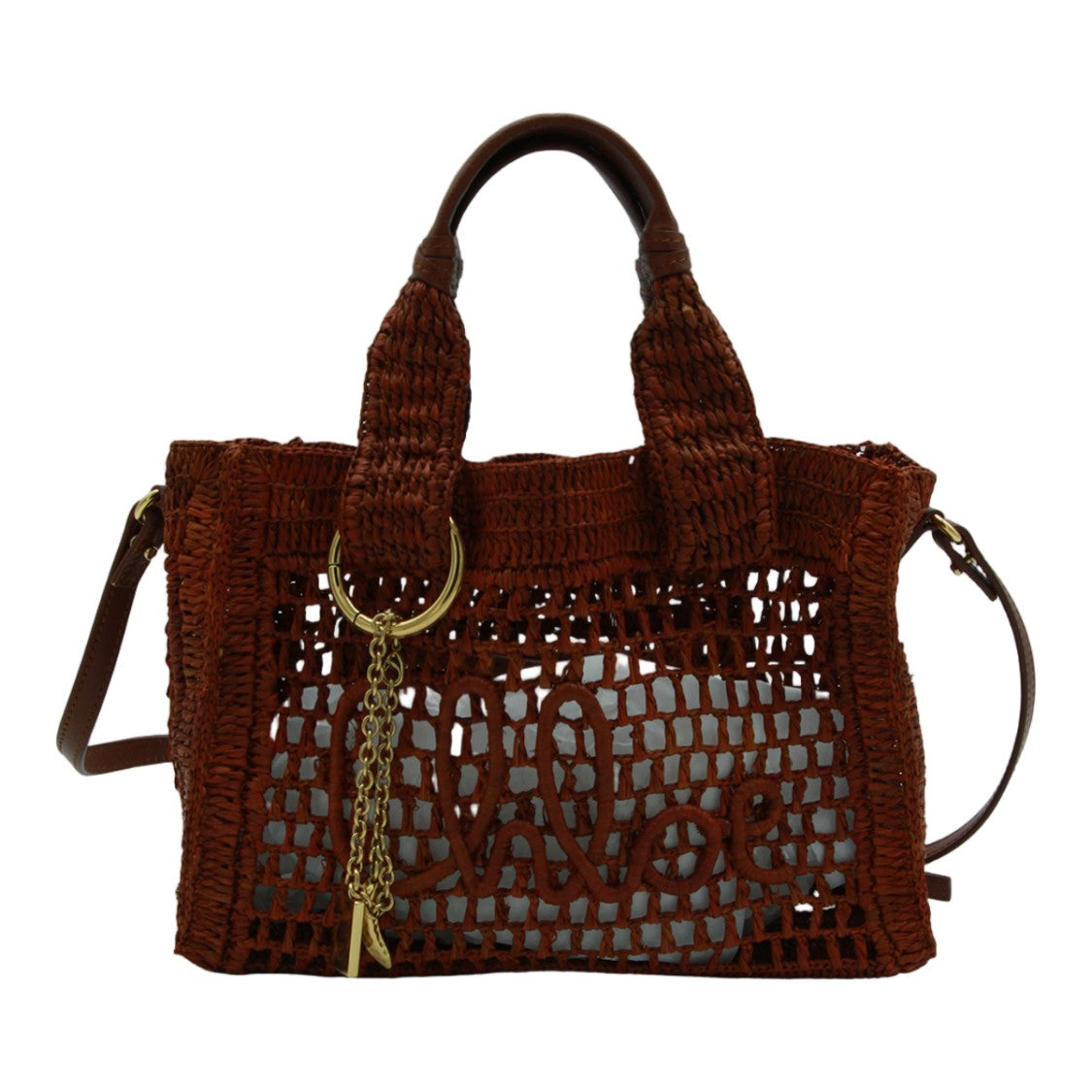 Chloé Woven Open-Weave Brown Bag With Gold-Accent Details
