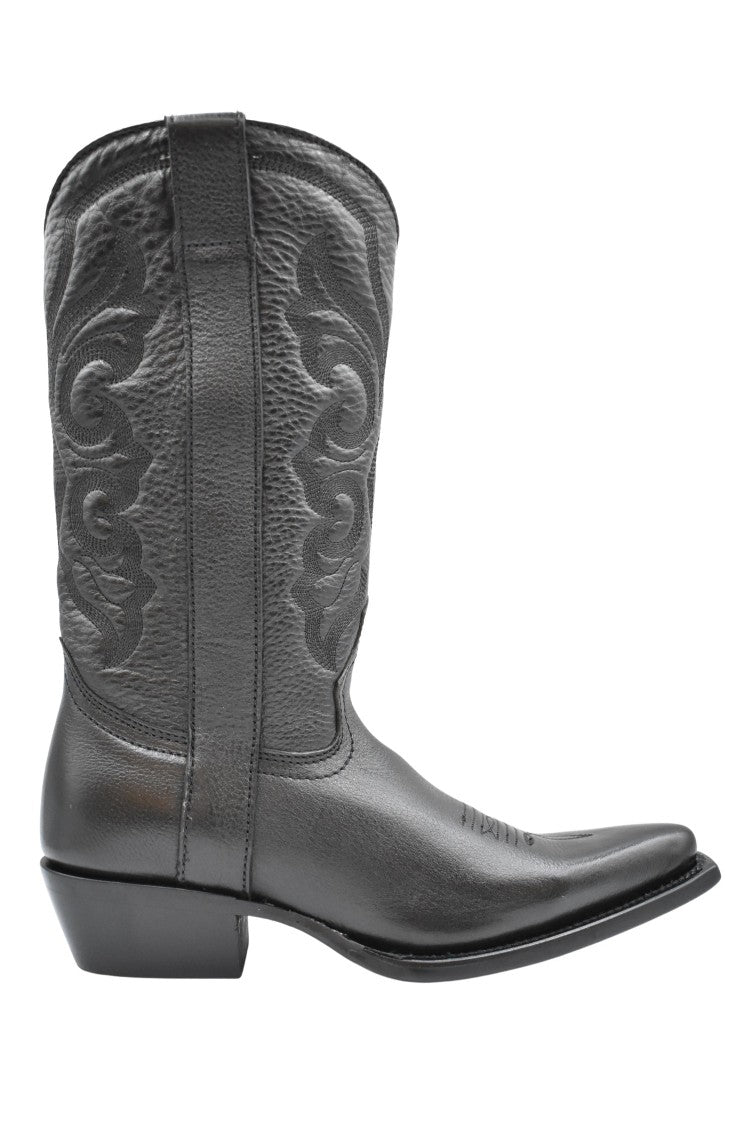 Ash Textured Leather Mid-Calf Western Boots