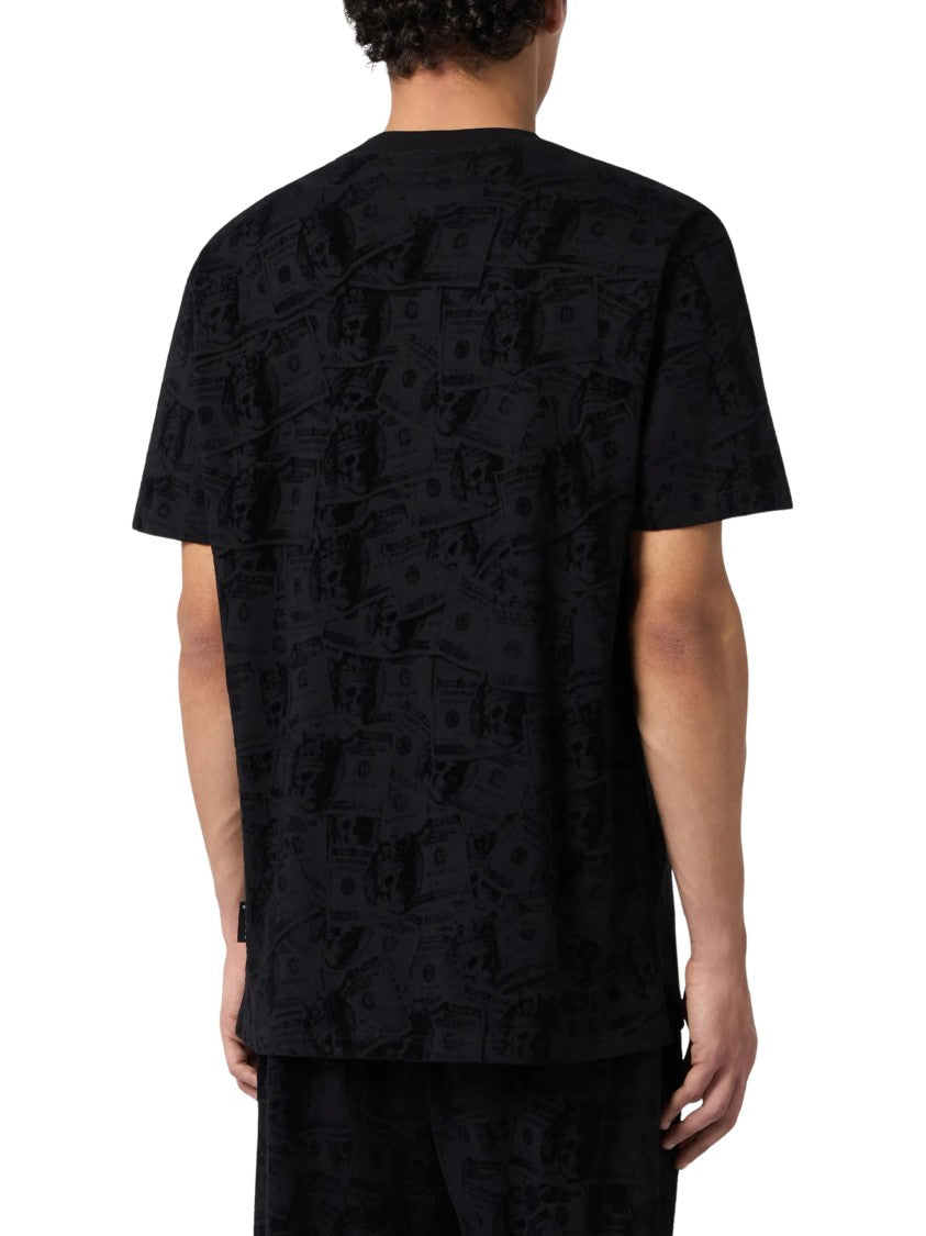 Philipp Plein Black Canvas T-Shirt With Dollar-Bill Print And Logo Plaque