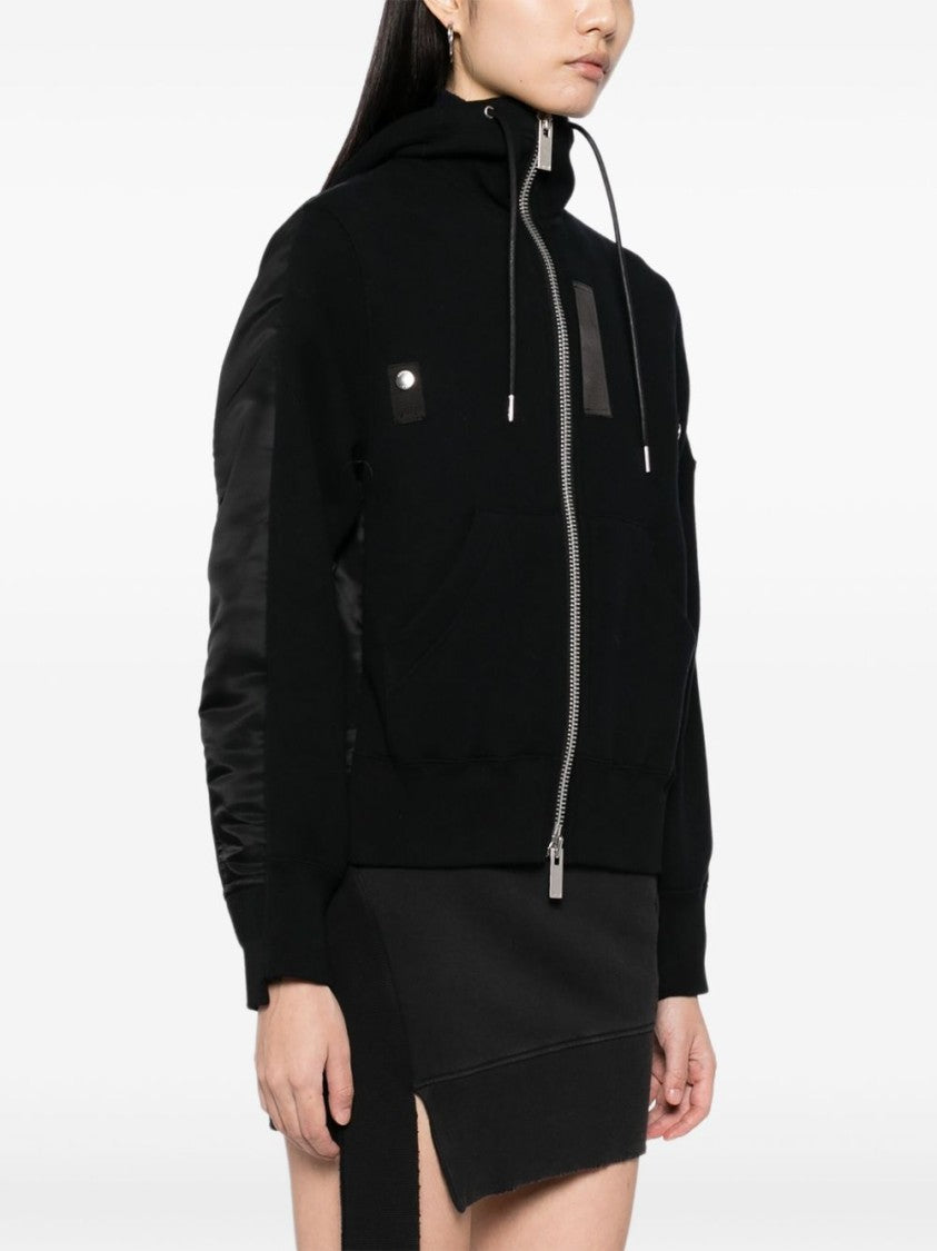 Sacai Matte And Shiny Black Sweatshirt With Zip Details