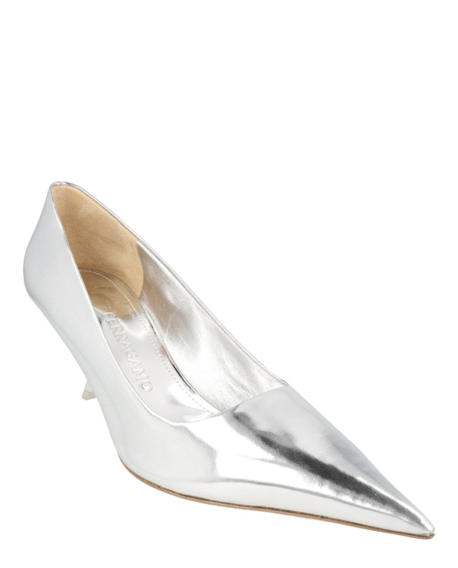 Ferragamo Metallic Leather Pumps With Pointed Toe And Curved Heel