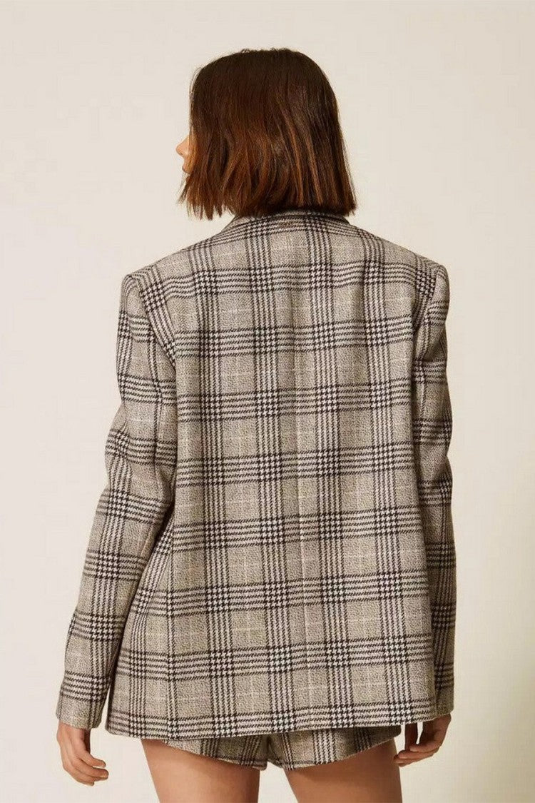 Twin-Set Grey Wool-Polyester Blend Plaid Check Blazer